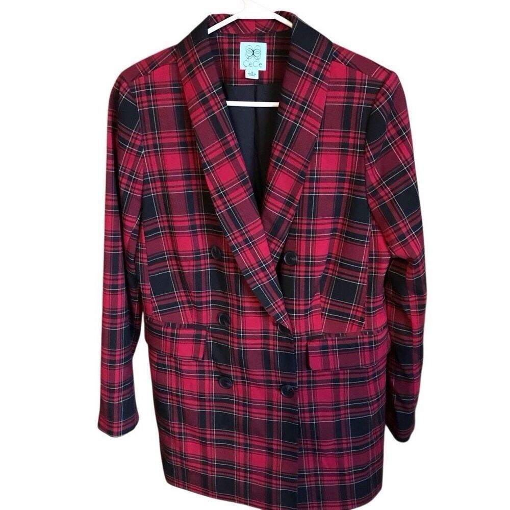 CeCe Red plaid long Sleeve Jacket blazer coat button front lined dry clean